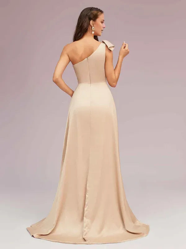 Robe Weitese A-line élégante à une épaule sans bretelles, robe longue en satin doux, robe de bal formelle sans manches